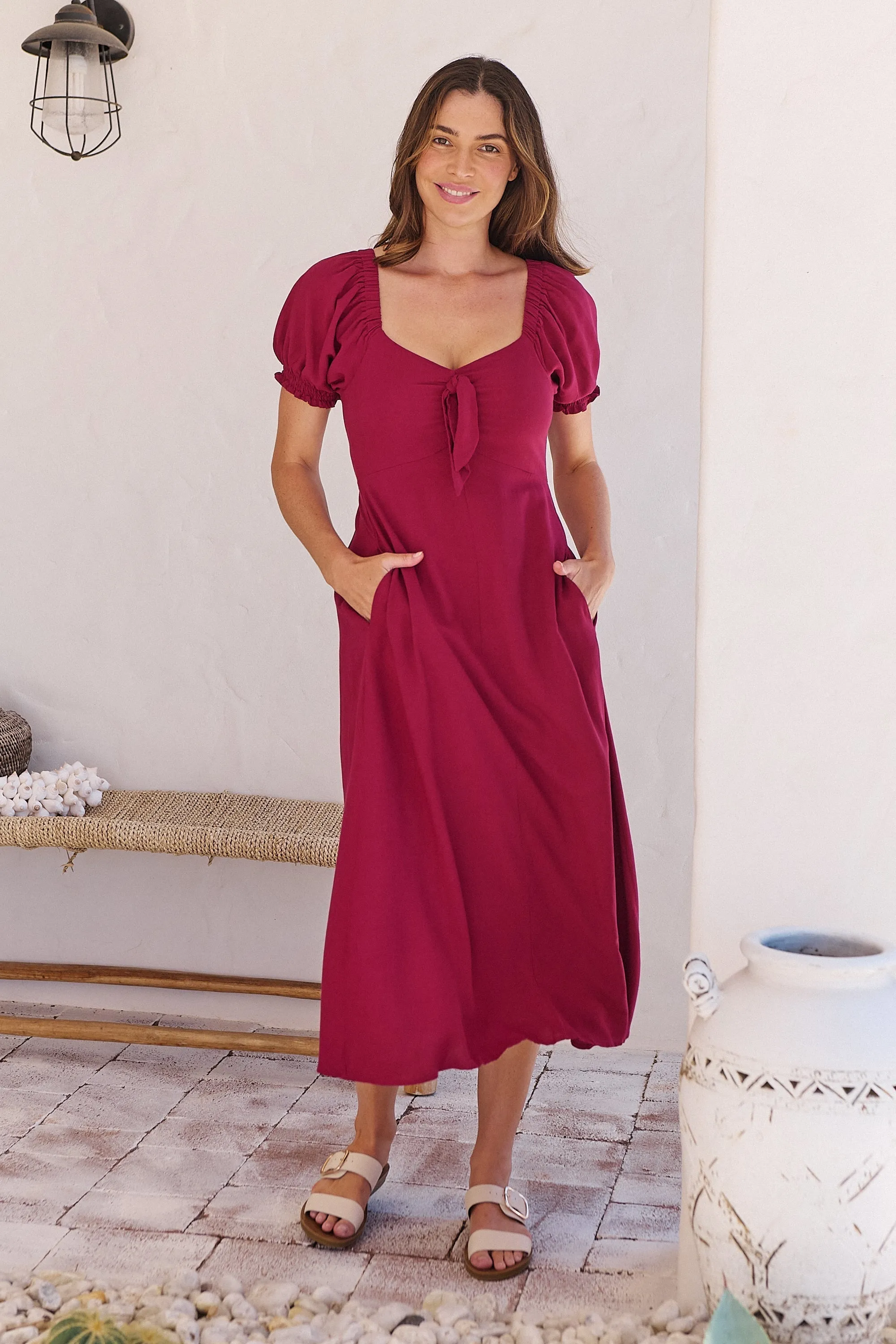 Lulu Tie Front Wine Midi Dress