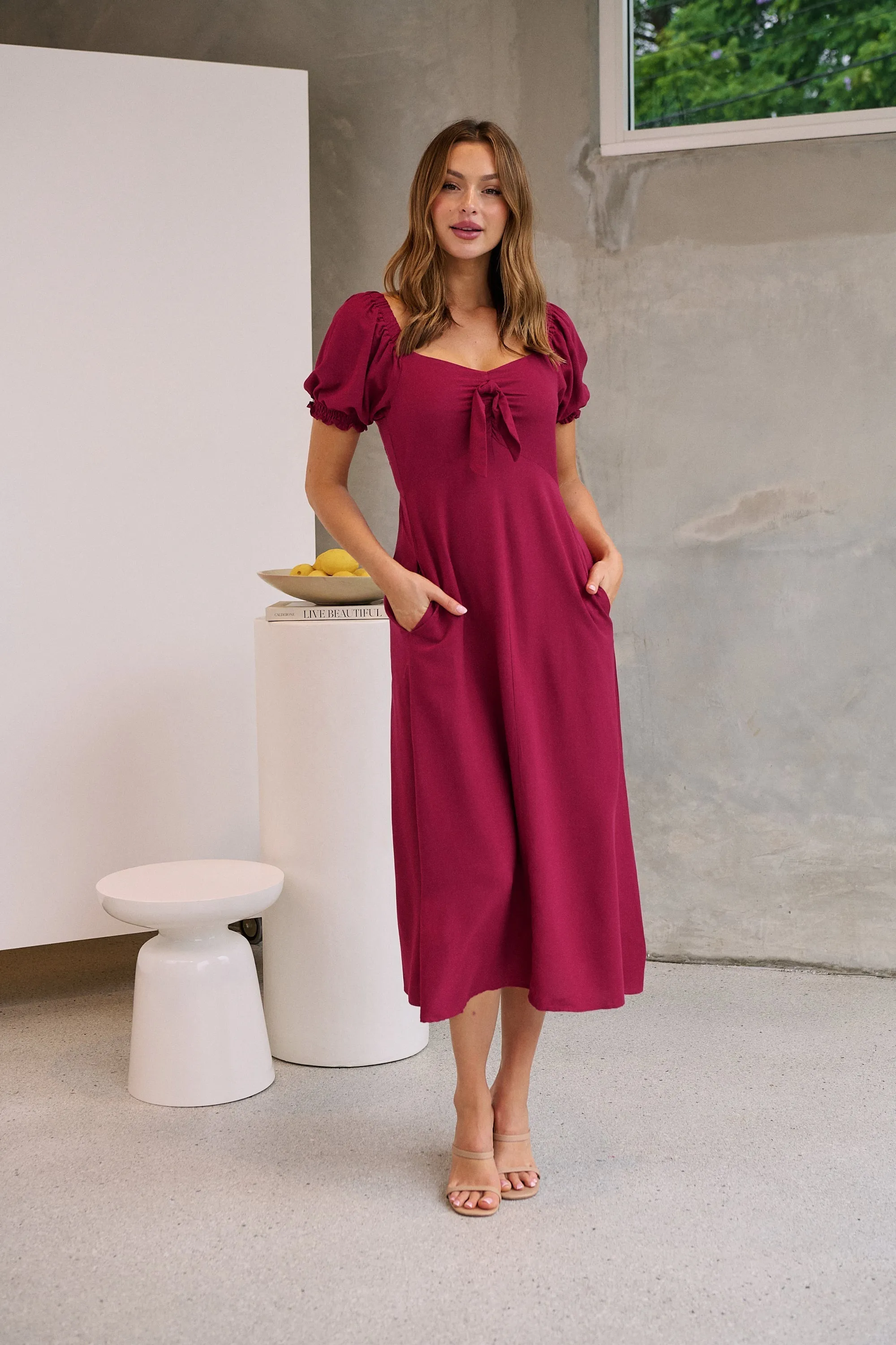 Lulu Tie Front Wine Midi Dress