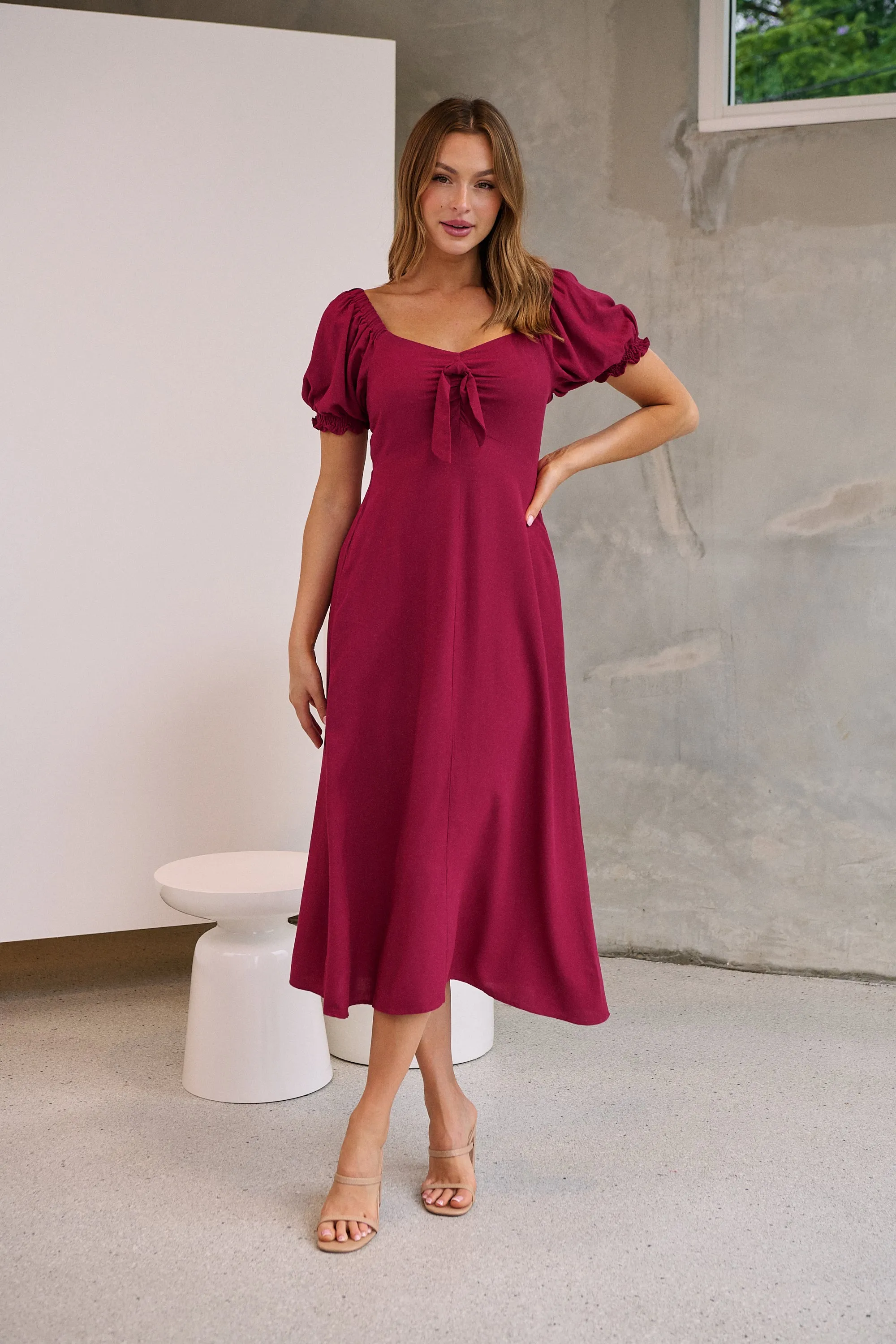 Lulu Tie Front Wine Midi Dress