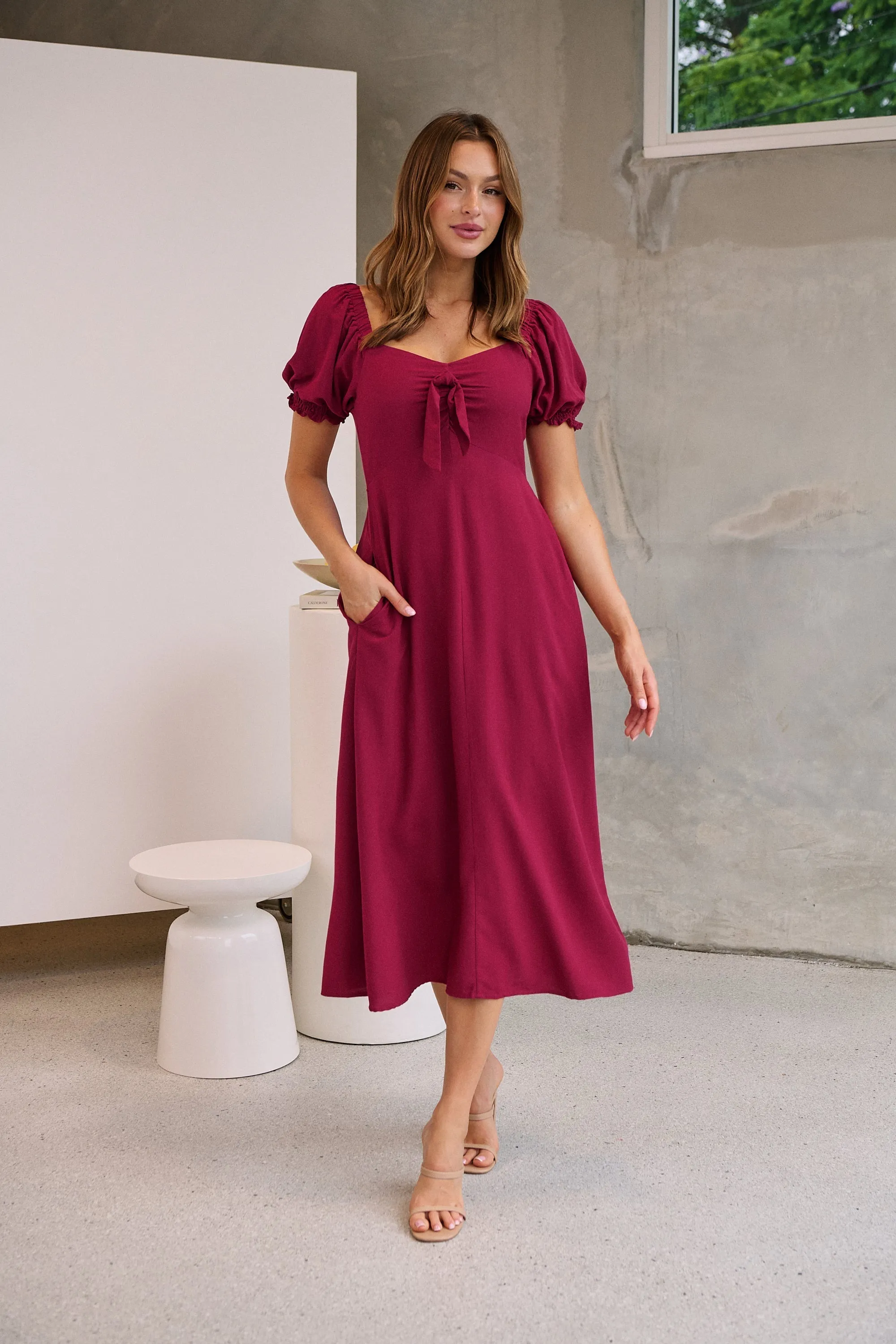 Lulu Tie Front Wine Midi Dress