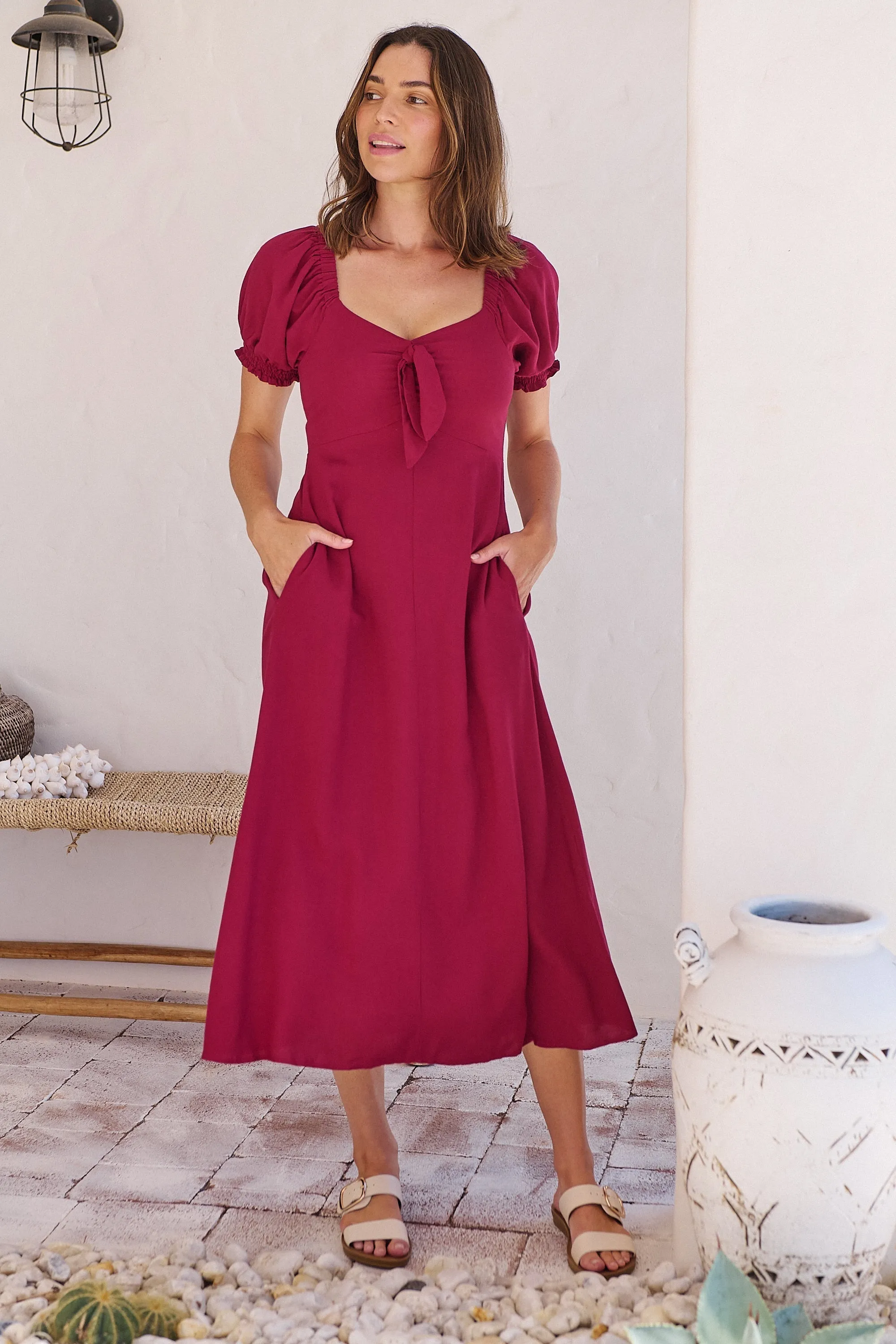 Lulu Tie Front Wine Midi Dress