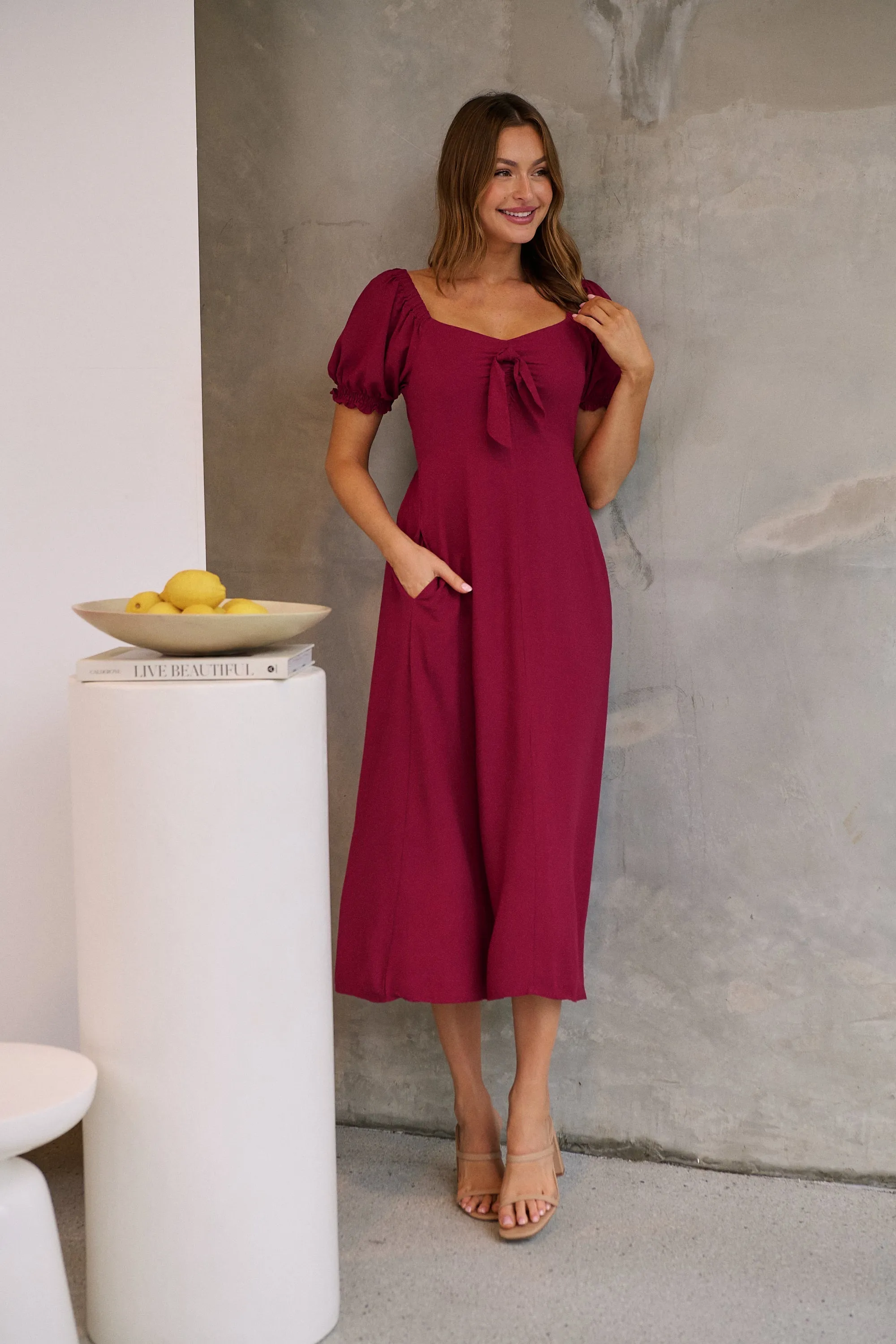 Lulu Tie Front Wine Midi Dress