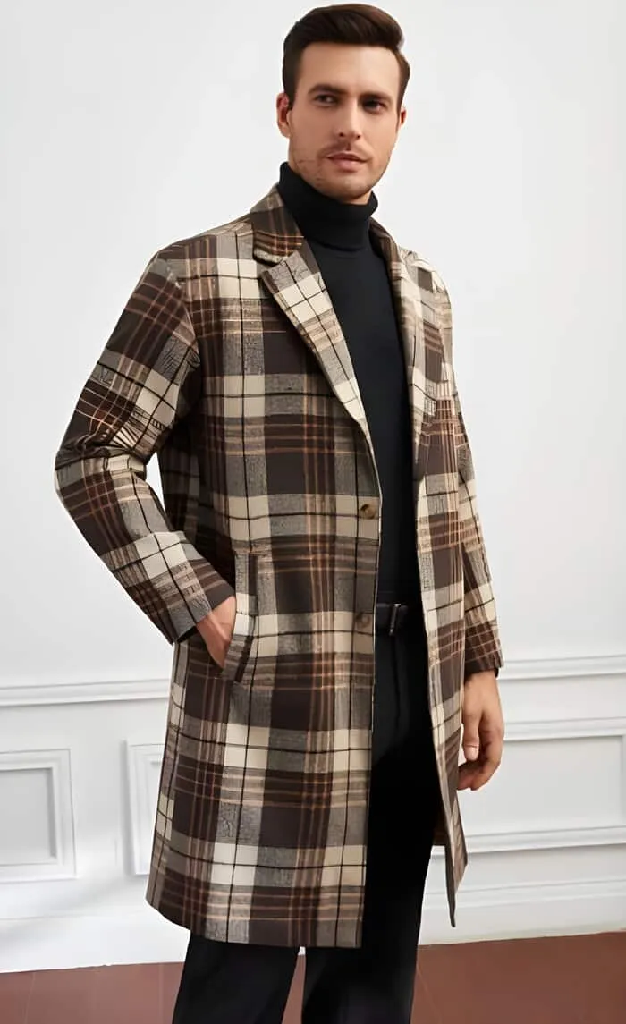 Mens Overcoat - Topcoat For Men - Winter Fabric-Men Plaid Lapel Neck Slant Pockets Overcoat