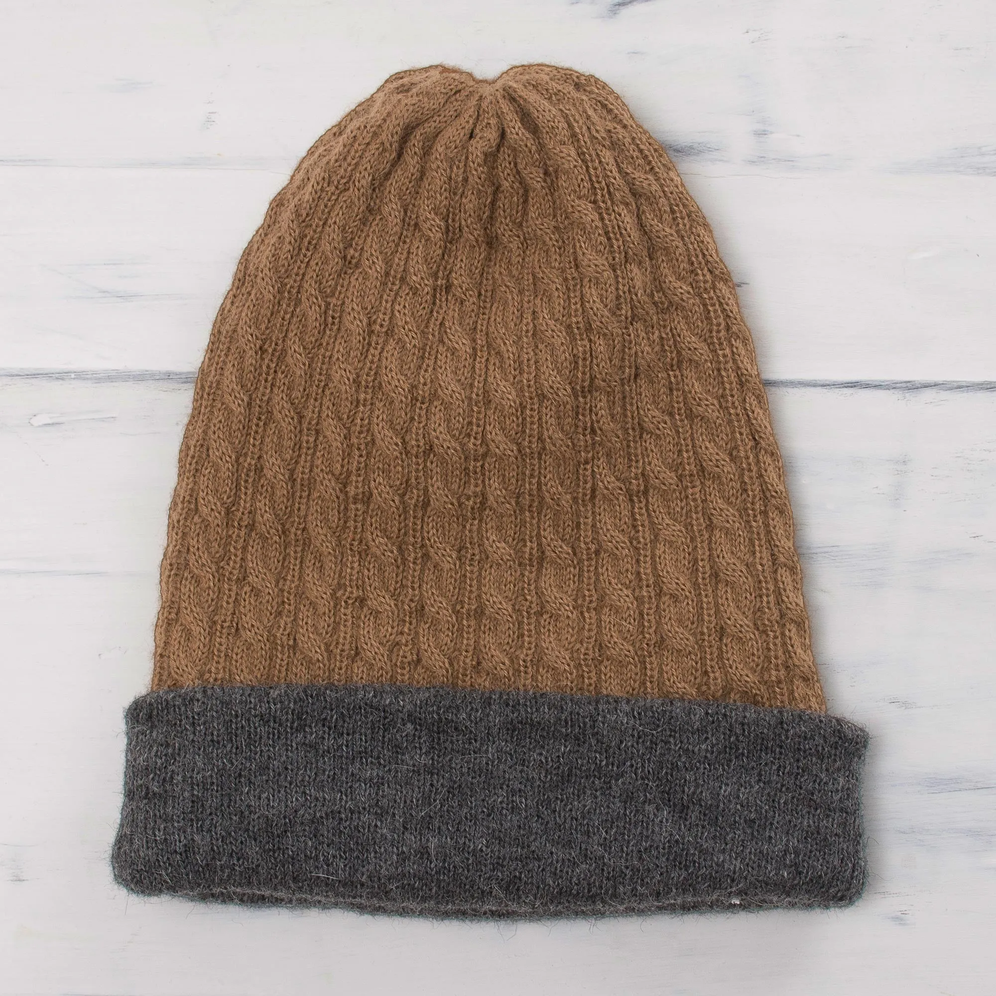 Men's Reversible Grey and Brown Alpaca Blend Hat from Peru - The Bells of Huancayo | NOVICA