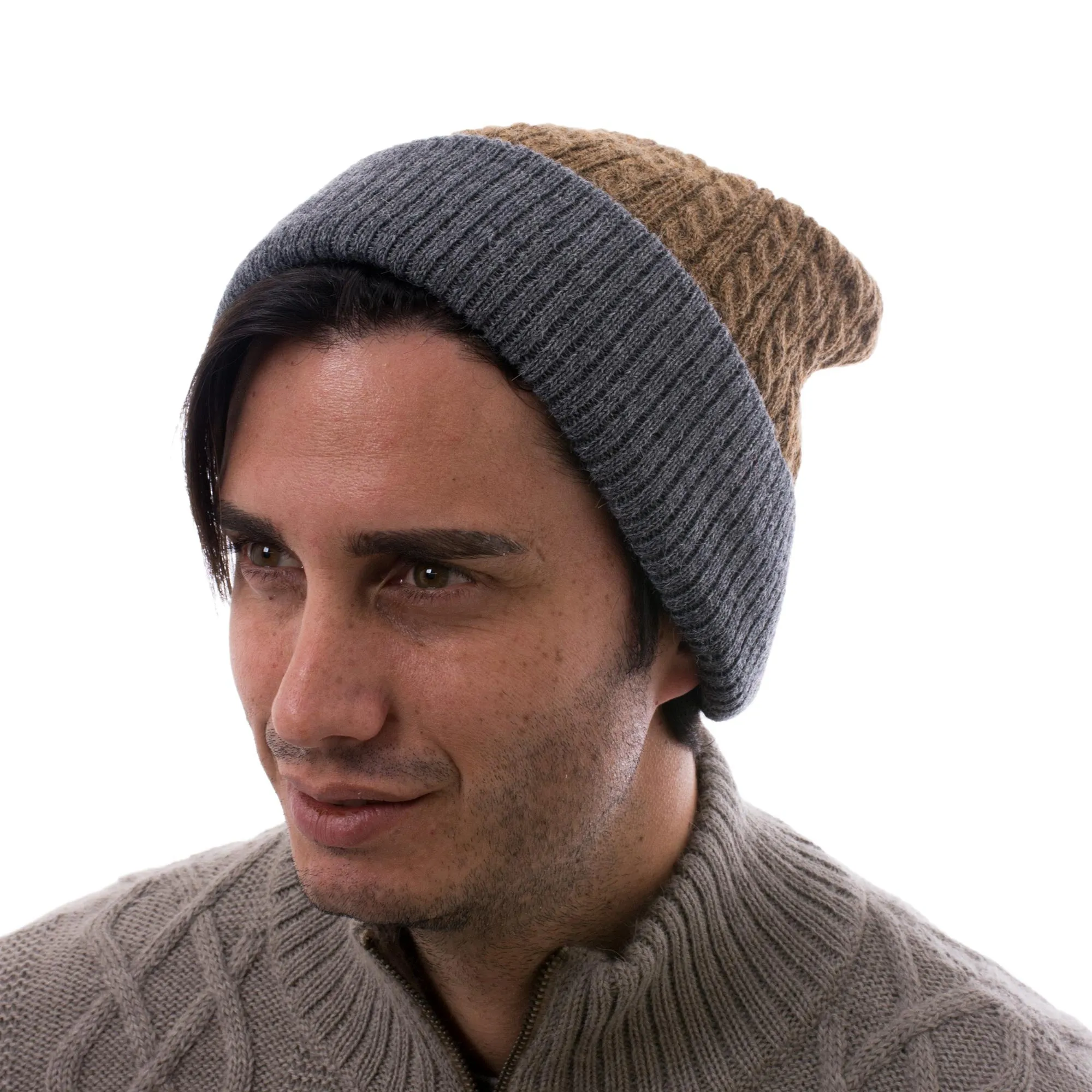 Men's Reversible Grey and Brown Alpaca Blend Hat from Peru - The Bells of Huancayo | NOVICA