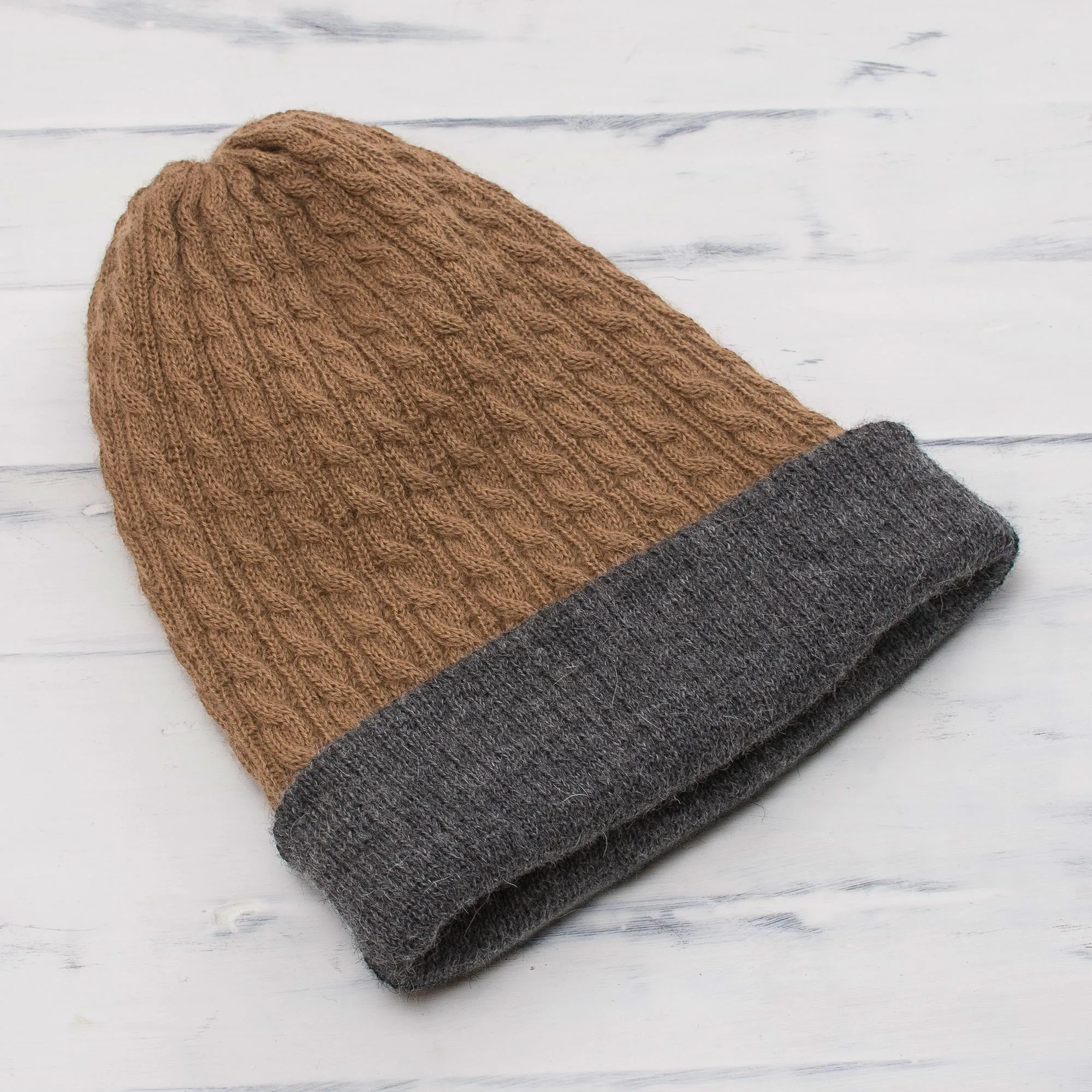 Men's Reversible Grey and Brown Alpaca Blend Hat from Peru - The Bells of Huancayo | NOVICA