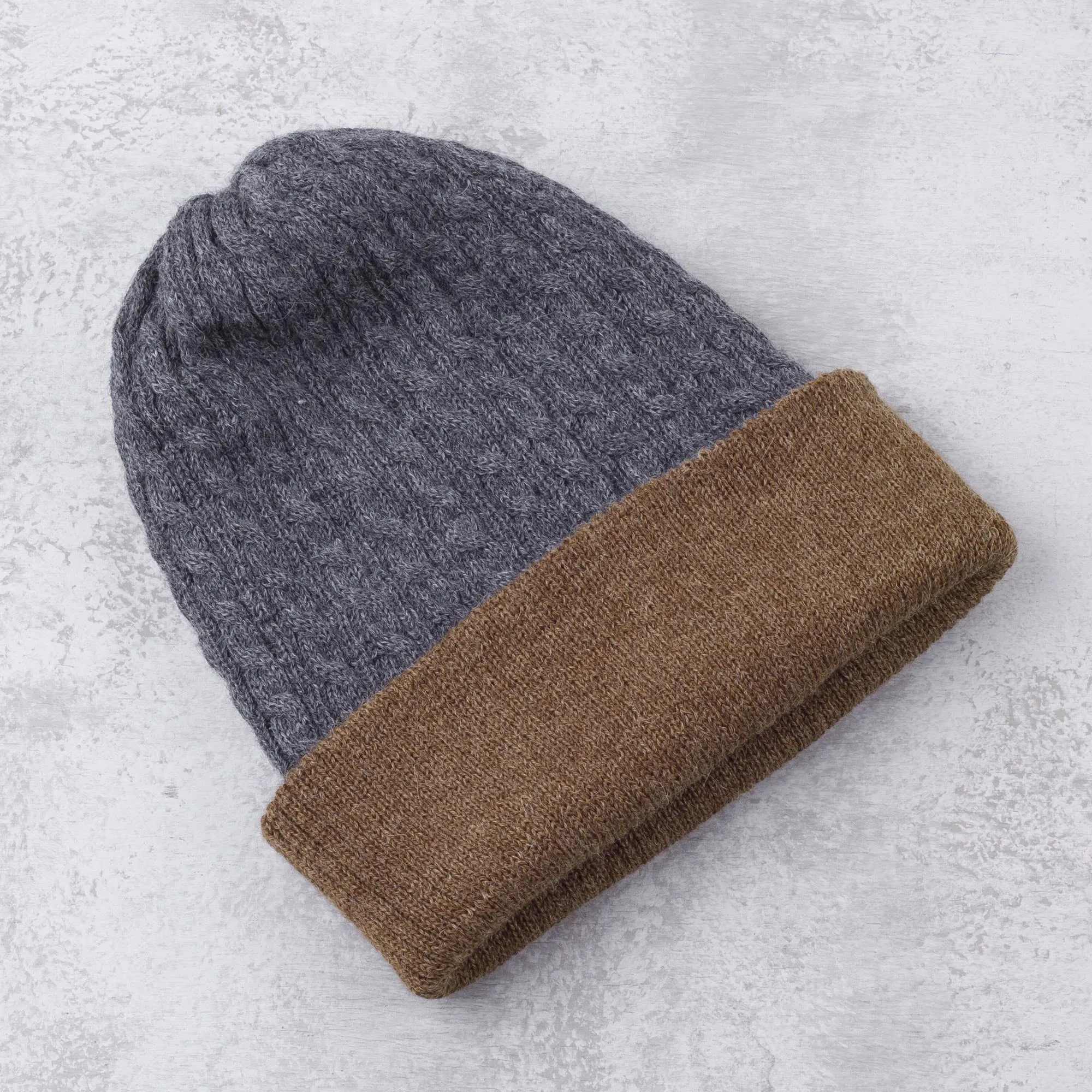 Men's Reversible Grey and Brown Alpaca Blend Hat from Peru - The Bells of Huancayo | NOVICA