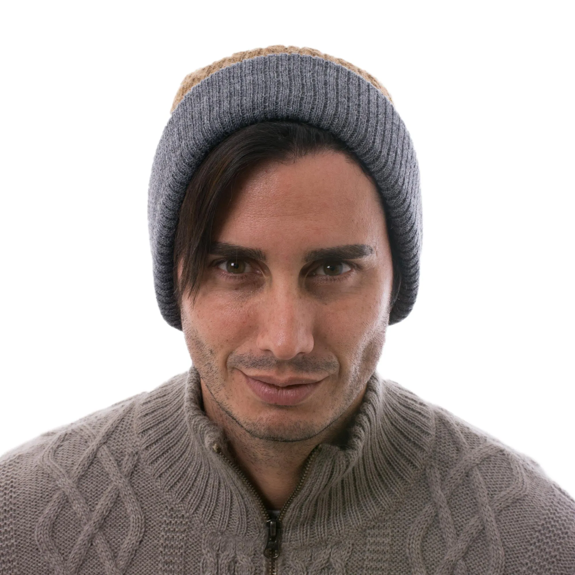 Men's Reversible Grey and Brown Alpaca Blend Hat from Peru - The Bells of Huancayo | NOVICA