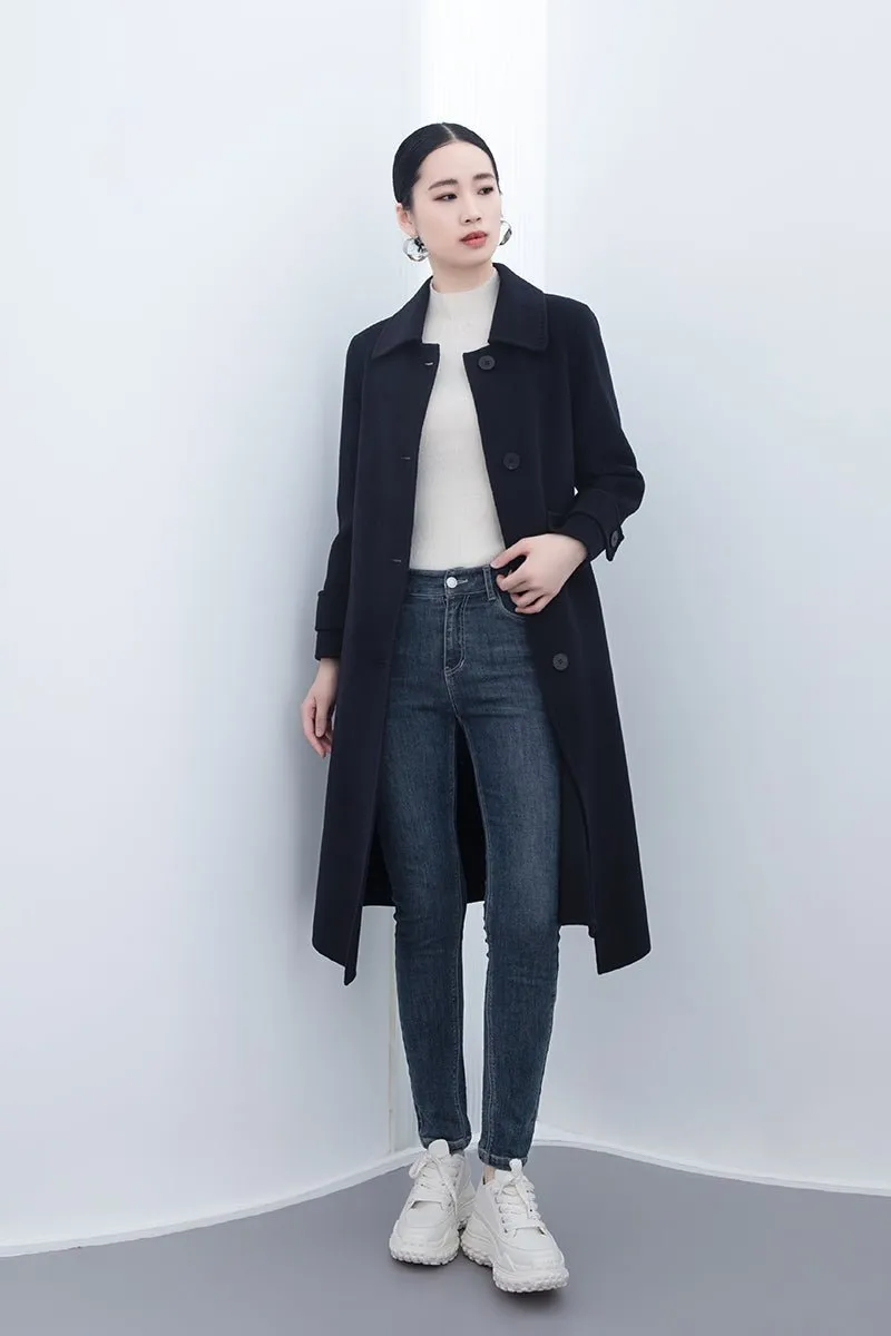 Navy Blue Long Double-breasted Wool Coats