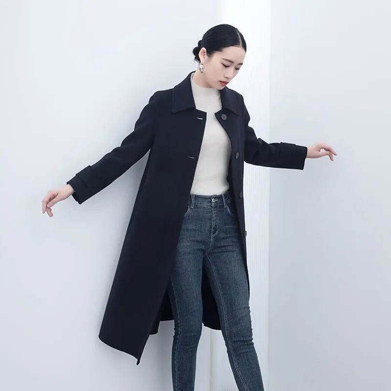 Navy Blue Long Double-breasted Wool Coats