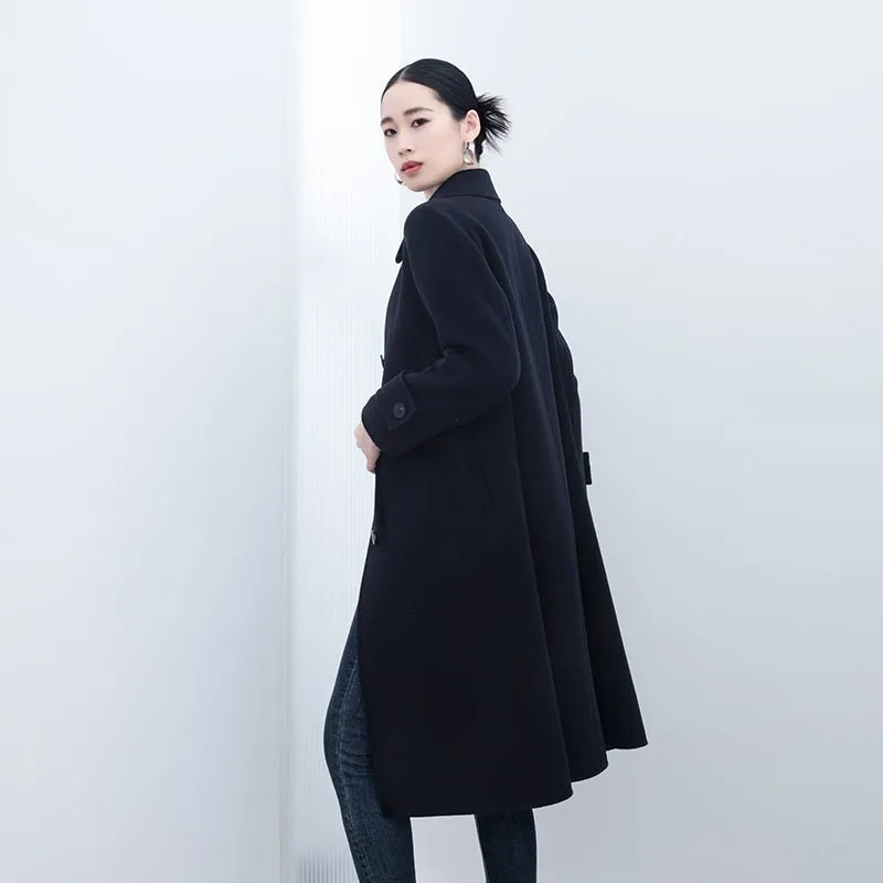 Navy Blue Long Double-breasted Wool Coats