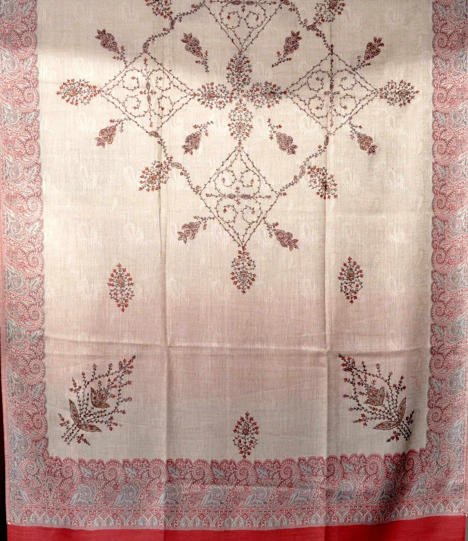 Needle Work on a Semi Pashmina Light Brown Shawl