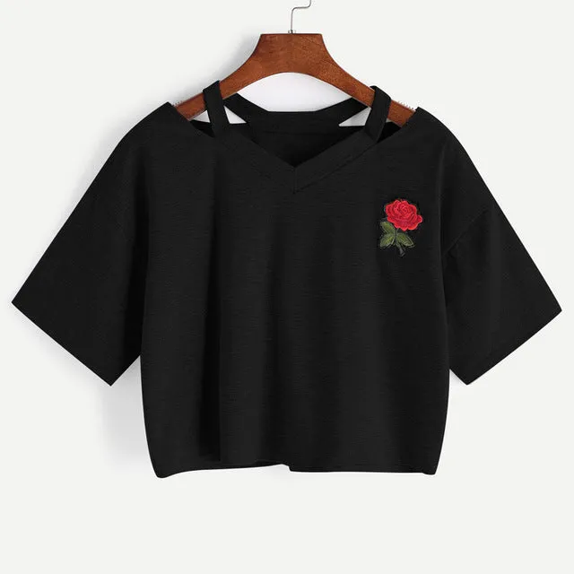 New Fashion Women T Shirt Summer Kawaii Embroidery Rose Aliens T-Shirts Harajuku Casual Tops Tees Female T shirt T-shirt Russia