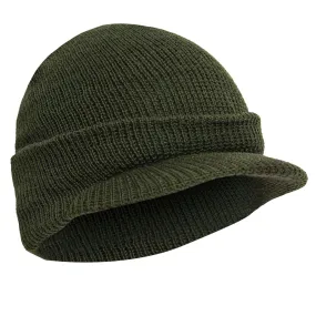 Olive Drab - 100% Wool Beanie Jeep Cap Official US Govt DOD Warm Double Layer Brim Visor Hat