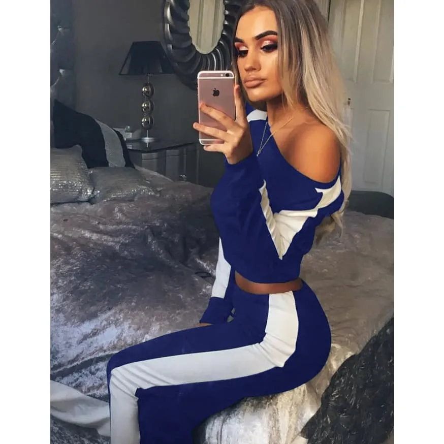 One Shoulder Side Stripe Crop Sweater & Jogger Pants Sports Set