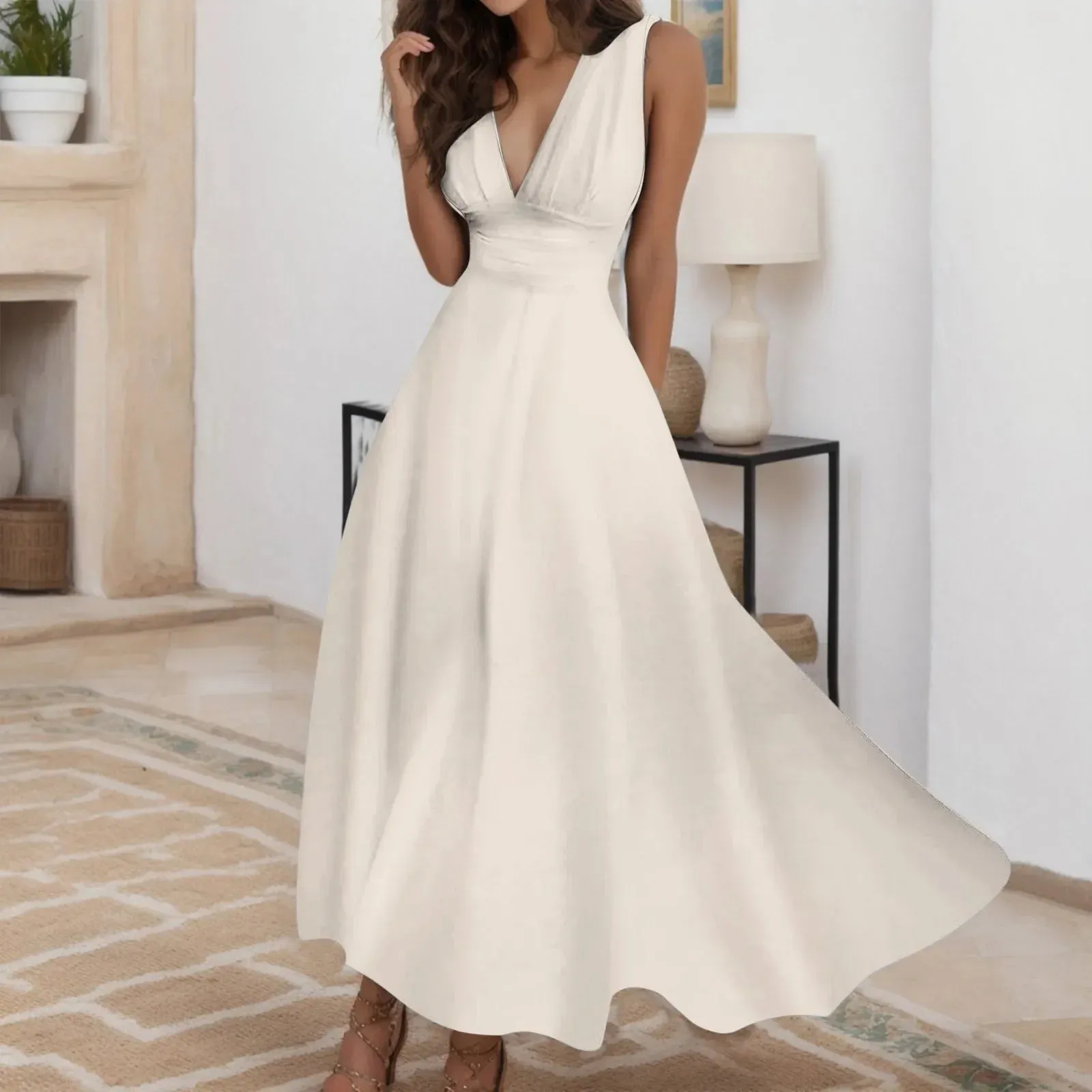 Party Night White High Waist Dance Wedding Prom Bridesmaid Y2K Summer Midi V-neck Dress