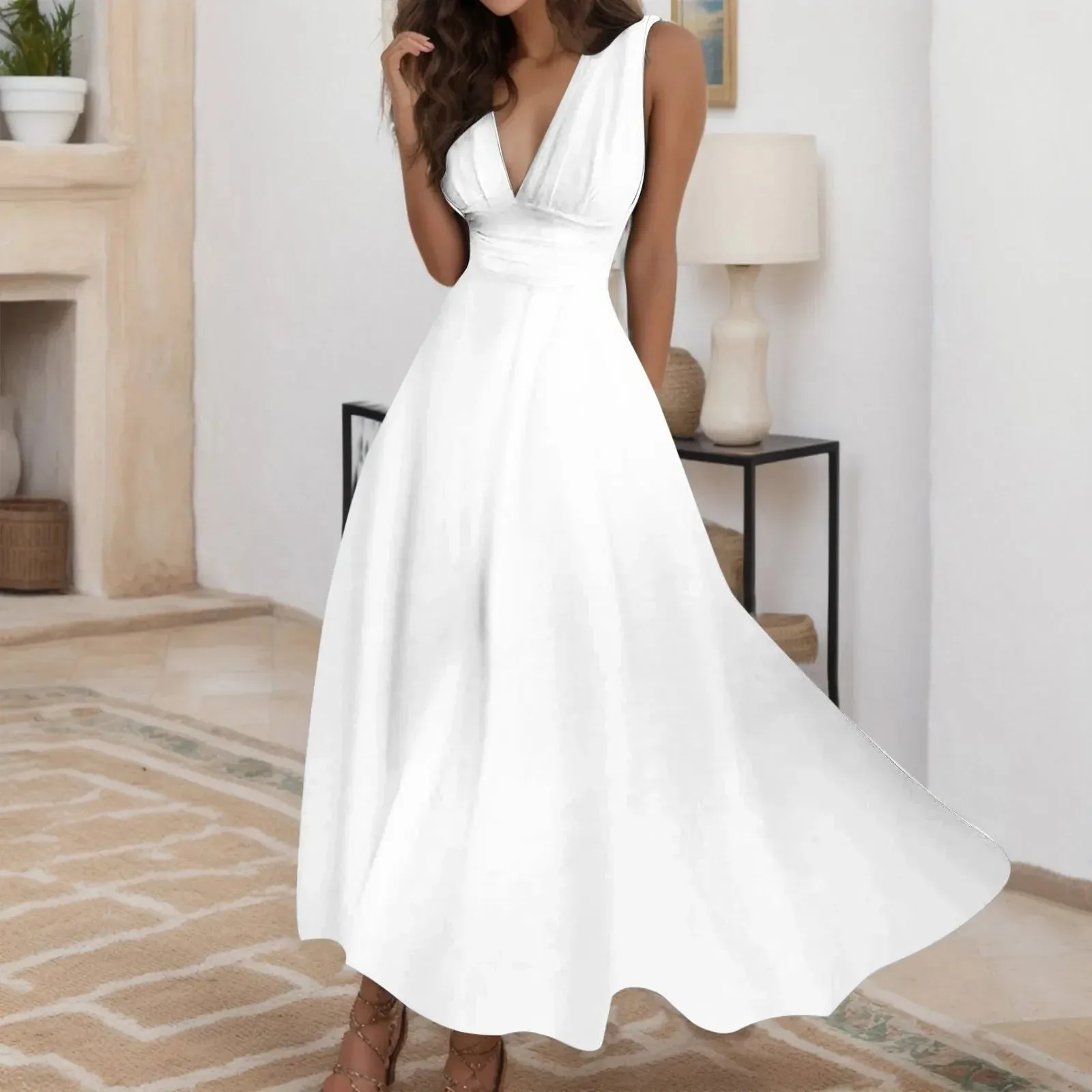 Party Night White High Waist Dance Wedding Prom Bridesmaid Y2K Summer Midi V-neck Dress