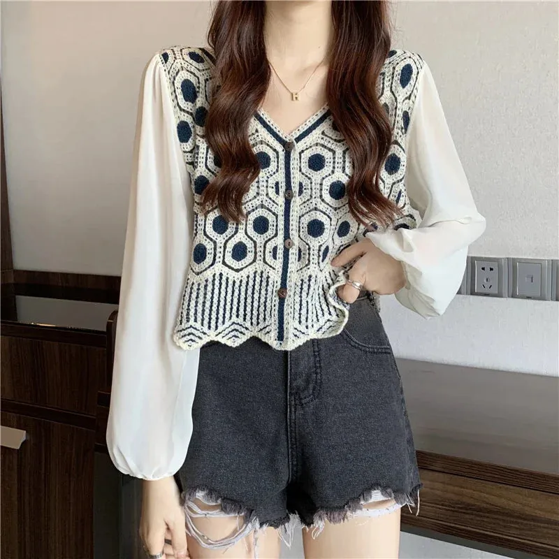 Patchwork Lace V Neck Pullover Soft Casual Blouse