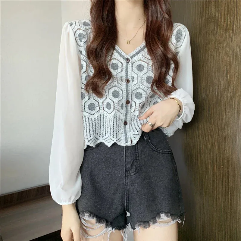 Patchwork Lace V Neck Pullover Soft Casual Blouse