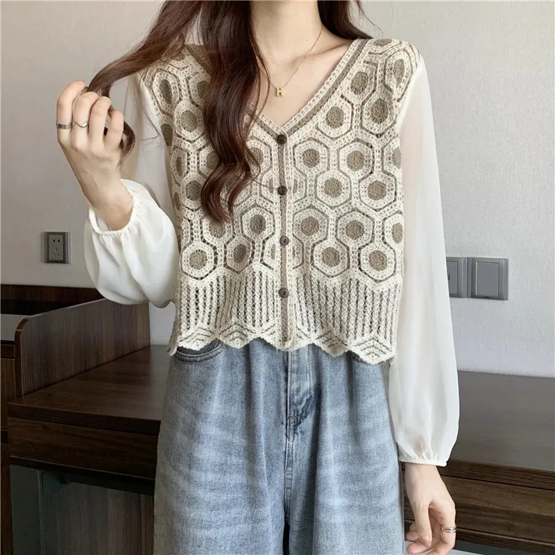 Patchwork Lace V Neck Pullover Soft Casual Blouse