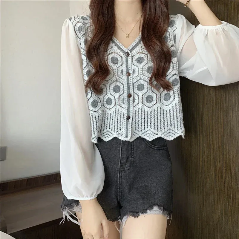 Patchwork Lace V Neck Pullover Soft Casual Blouse