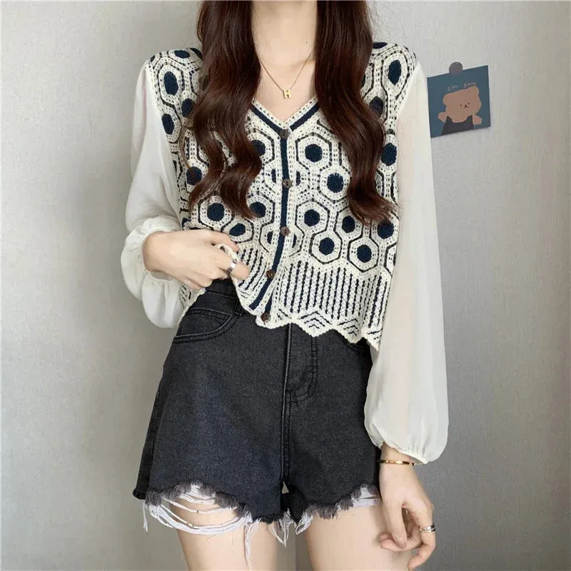 Patchwork Lace V Neck Pullover Soft Casual Blouse