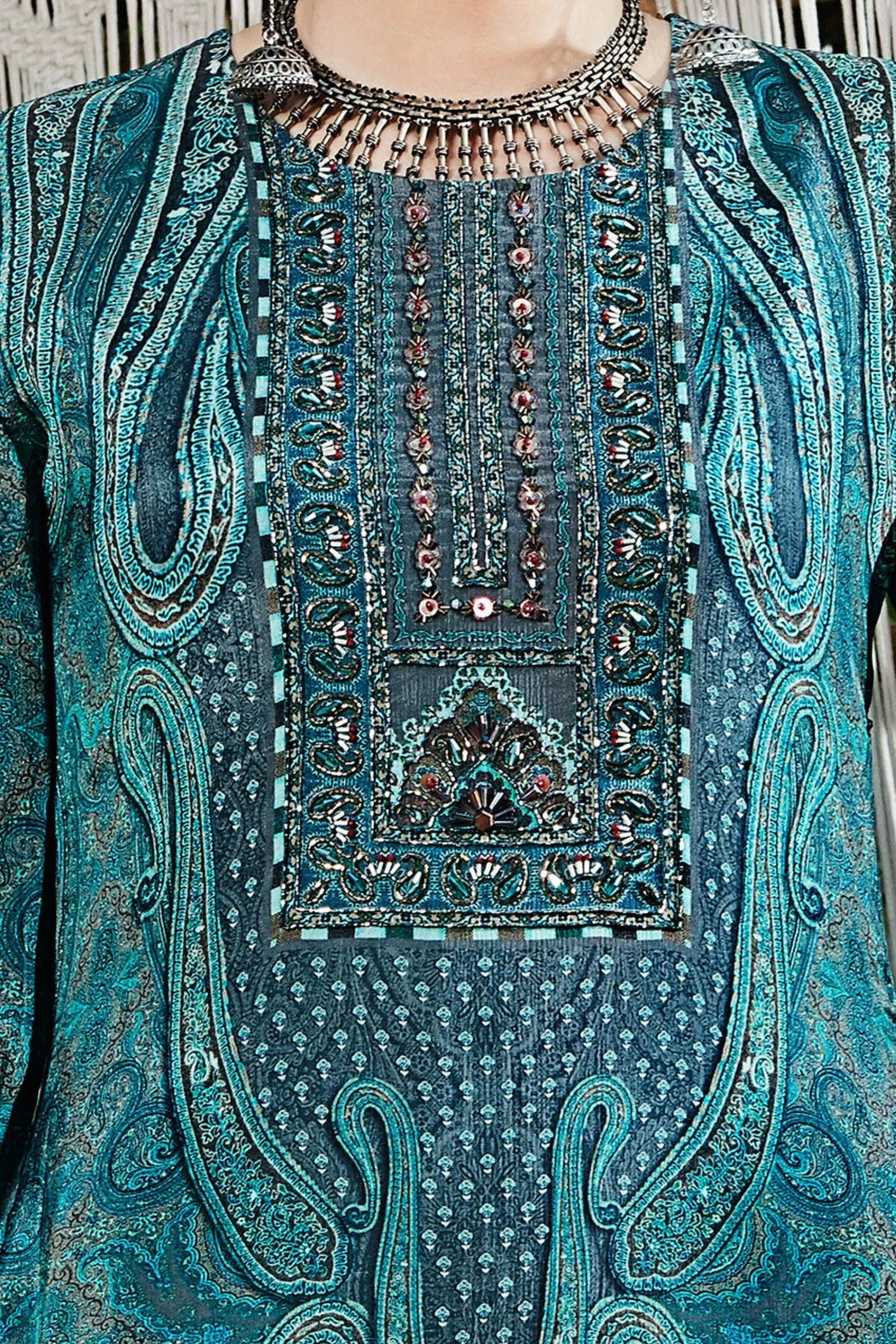 Peacock Blue Beads work with Digital Print Anarkali Styled Long Kurti