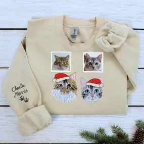 Personalized Cat Christmas Sweatshirt / Hoodie with Embroidered Photo,  Unique Cat Lover Gift