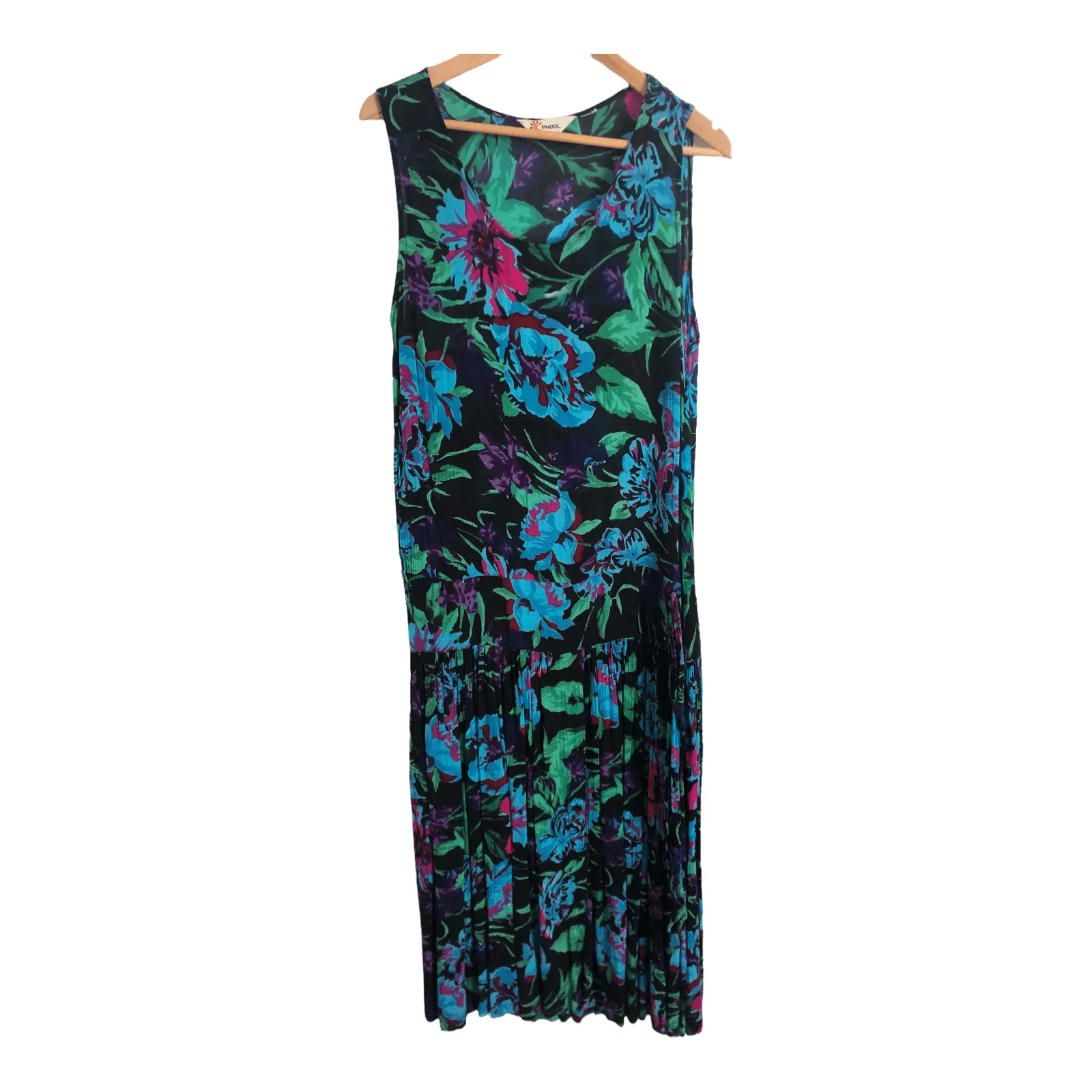 Phool Est. 100% Viscose Sleeveless Tiered Maxi Dress Black Light Blue Multi Floral Print UK Size 14