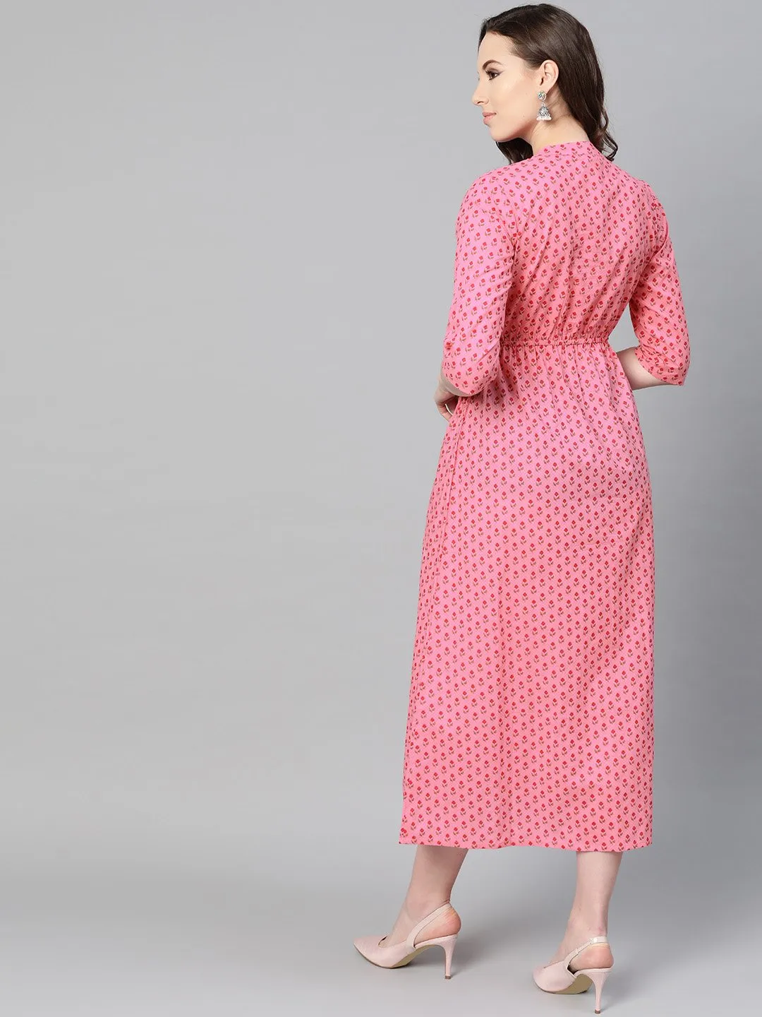 Pink Floral Printed Maxi Dress With Chinese Collar & 3/4 Sleeves