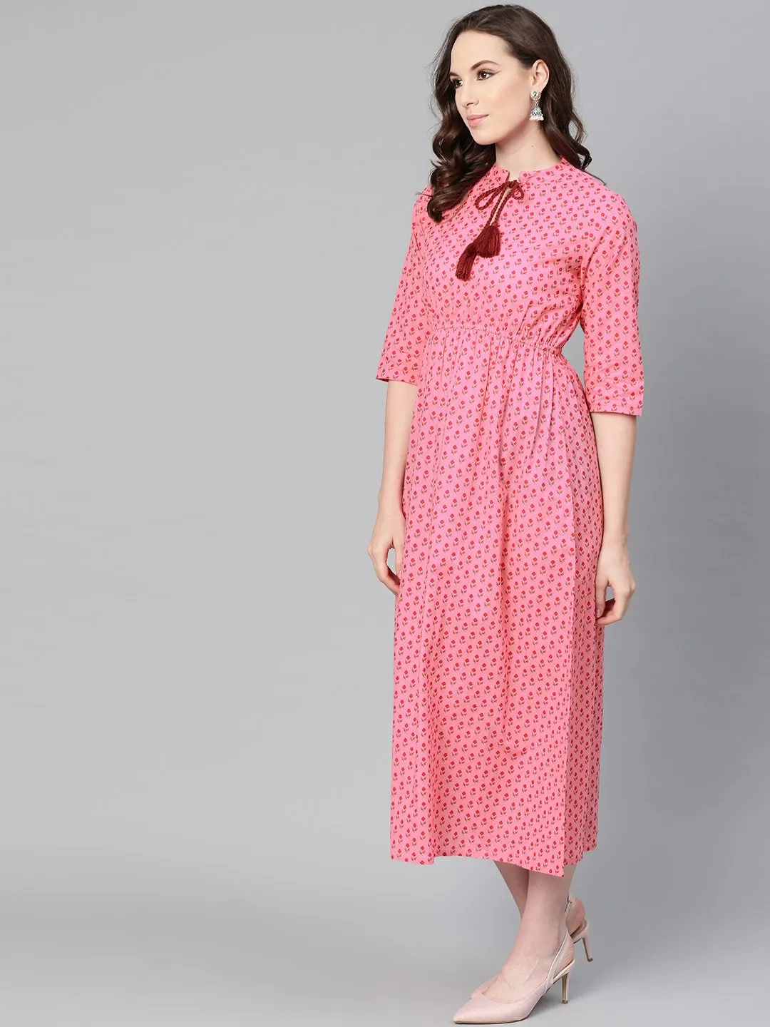 Pink Floral Printed Maxi Dress With Chinese Collar & 3/4 Sleeves