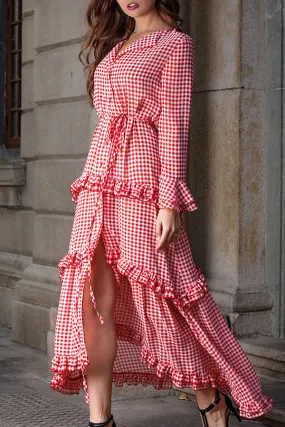 Plaid Ruffled Tie Front Maxi Dress