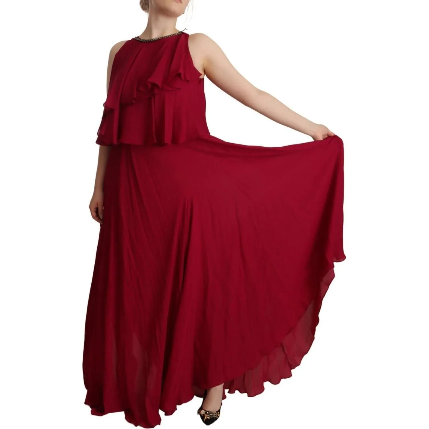 PLEIN SUD Elegant Silk Sleeveless Ruffled Maxi Dress