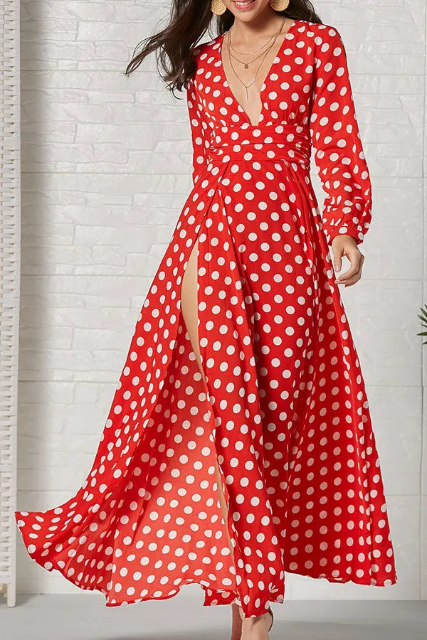 Polka Dot Slit V-neck Maxi Dress