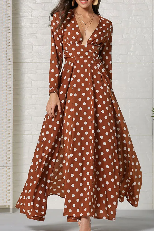 Polka Dot Slit V-neck Maxi Dress