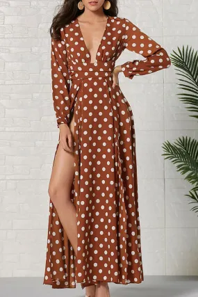 Polka Dot Slit V-neck Maxi Dress