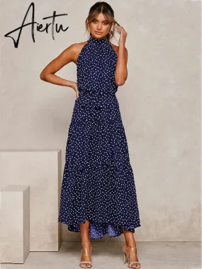 Polka Dots Vintage Women Summer Halter Maxi Boho Dress Sleevless Navy Blue Floral Print Long Sash Beige A-line Beach Casual Robe