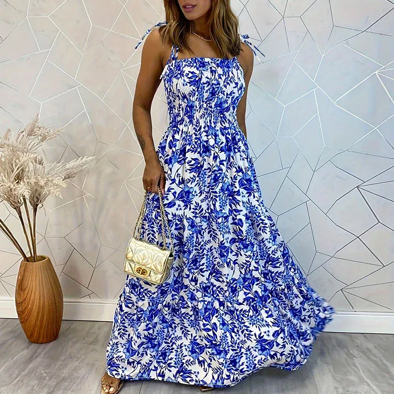 Printed Bow Spaghetti Strap 2024 Slash Neck Waist Bohemian Hollow Long Summer Blue Dress