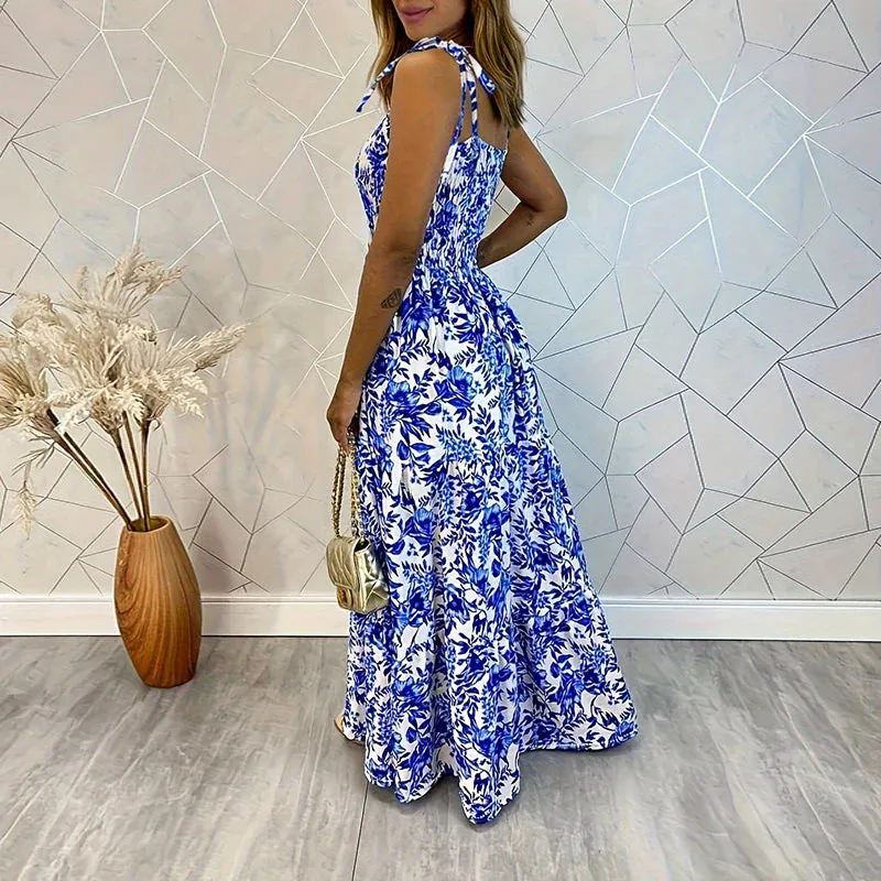 Printed Bow Spaghetti Strap 2024 Slash Neck Waist Bohemian Hollow Long Summer Blue Dress