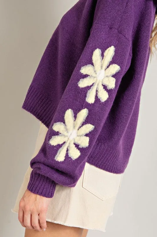 Purple Quarter Zip Flower Detail Sweater