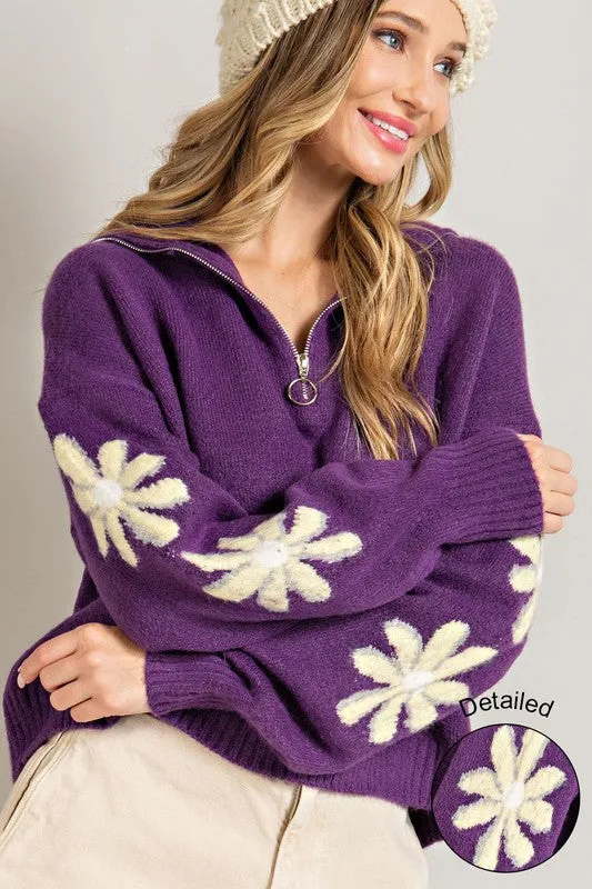 Purple Quarter Zip Flower Detail Sweater