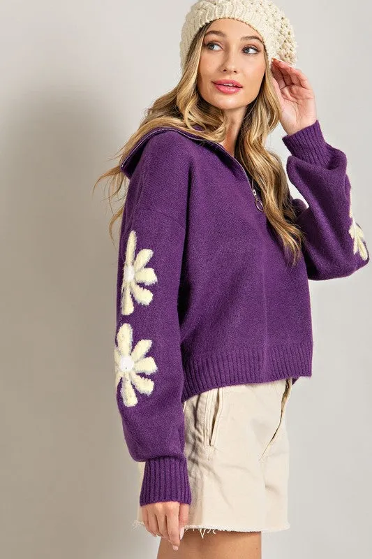 Purple Quarter Zip Flower Detail Sweater