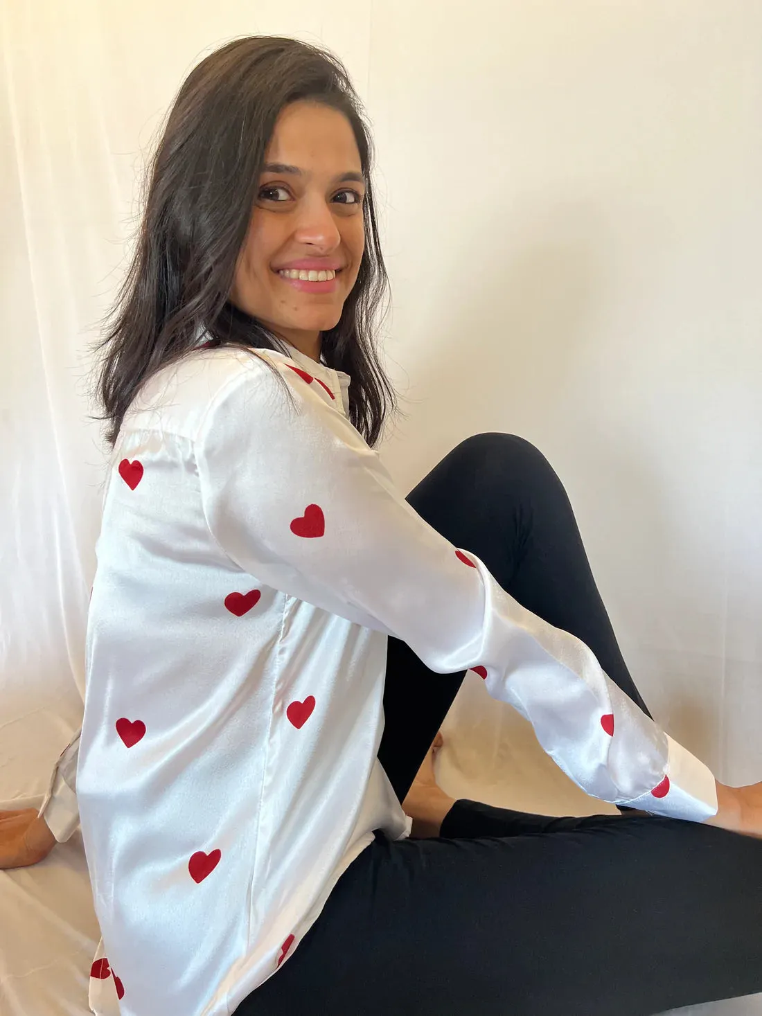 Red Hearts on White Satin Print: Easy Fit- Button Down Shirt