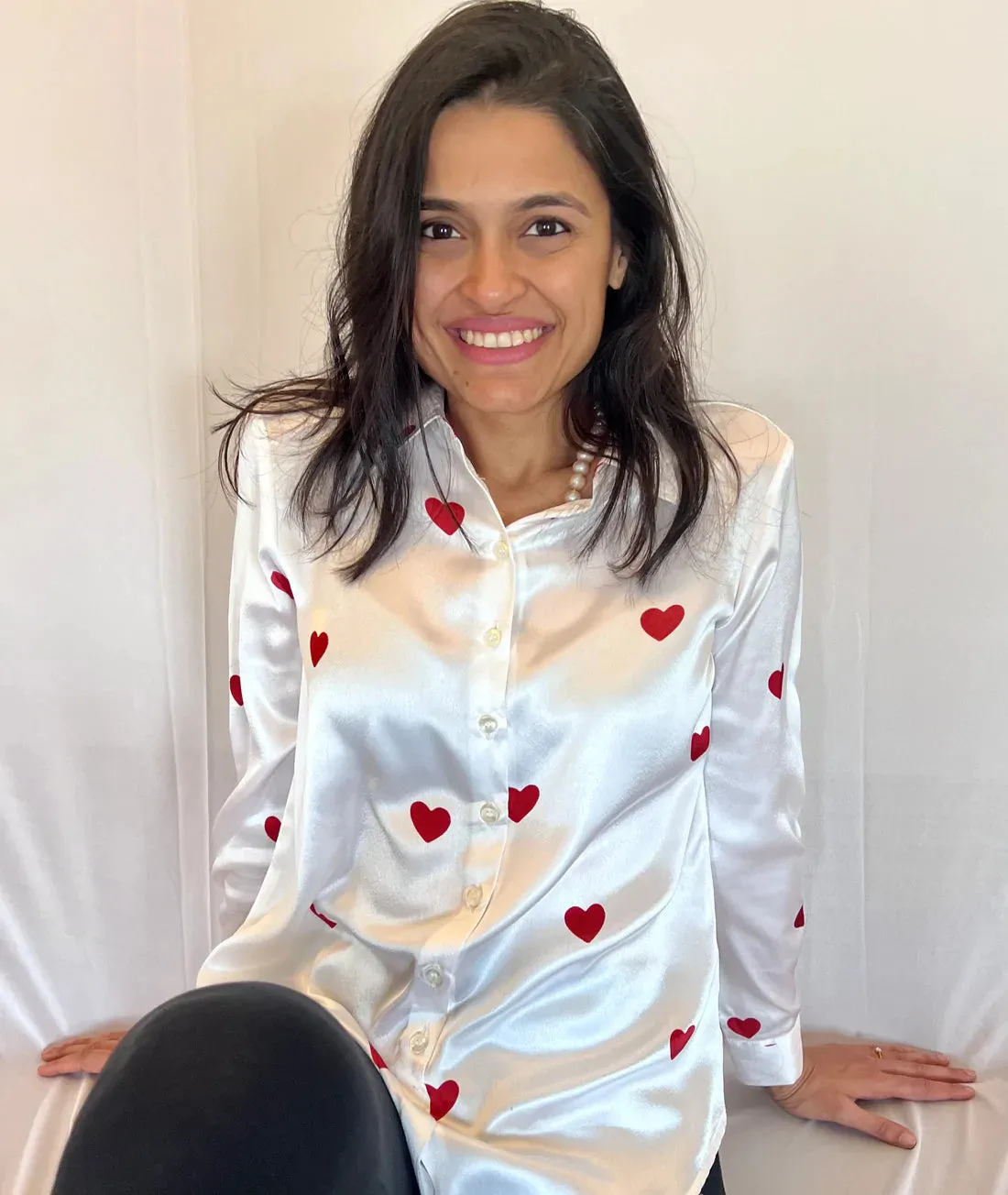 Red Hearts on White Satin Print: Easy Fit- Button Down Shirt