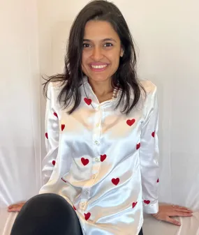 Red Hearts on White Satin Print: Easy Fit- Button Down Shirt