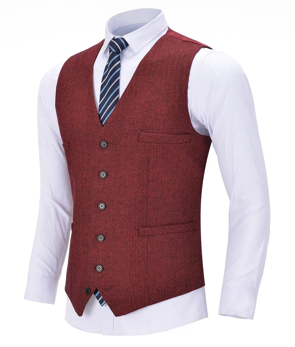 Red Herringbone V Neck Waistcoat