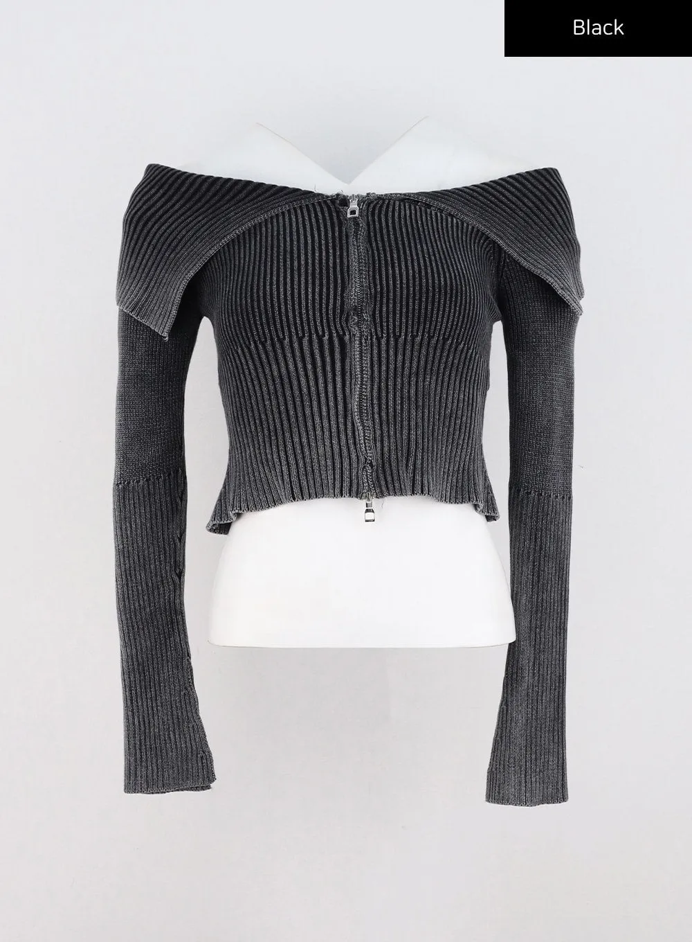 Ribbed Off-shoulder Zip-Up Sweater CS326