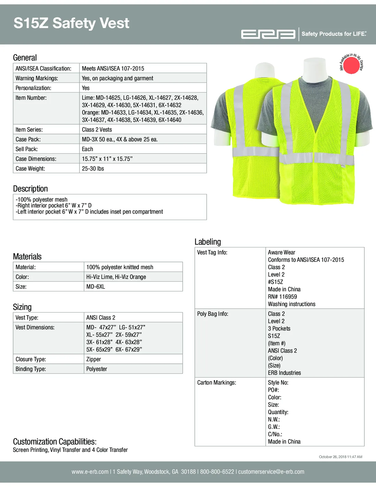 S15Z Class 2 Mesh Zipper Safety Vest with 3M® Reflective Strips 1PC