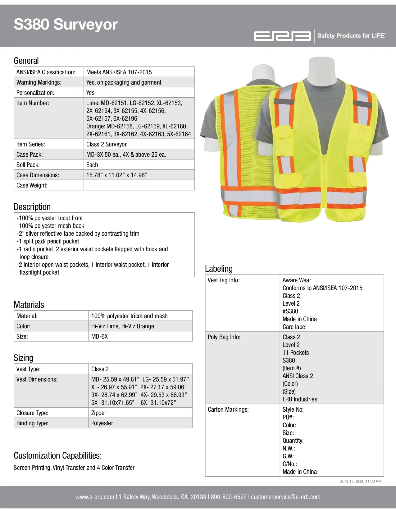 S380 Class 2 Surveyor's Safety Vest with Mesh Back 1PC