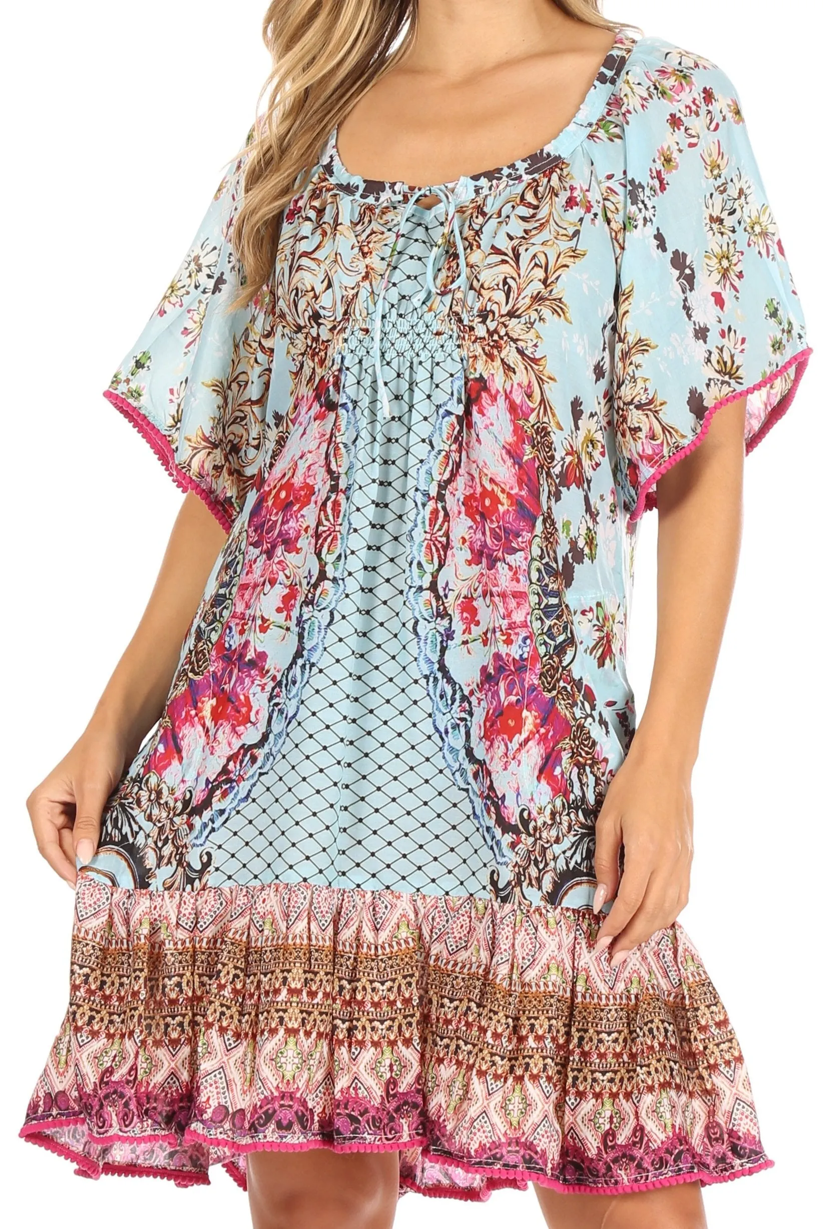 Sakkas Eliza Women's Cocktail Short Sleeve Floral Print Boho Dress Summer Casual